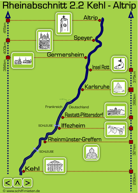 Rheinlauf Landkarte Kehl Rheinmnster-Greffern Iffezheim Rastatt-Plittersdorf Karlsruhe Insel Rott Hochstetten Germersheim Rheinhausen Altluheim Speyer Altrip