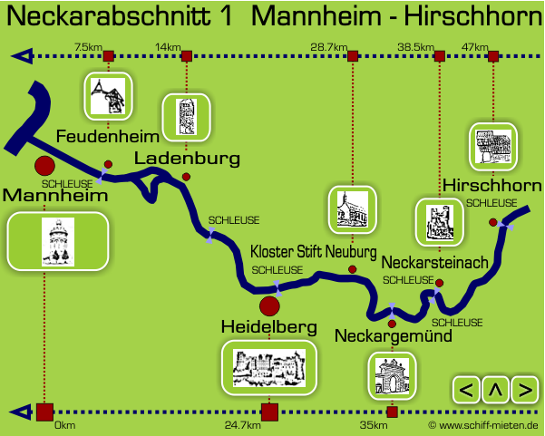 Landkarte Neckar Mannheim Heidelberg Neckargemünd Neckarsteinach Hirschhorn Ladenburg Feudenheim
