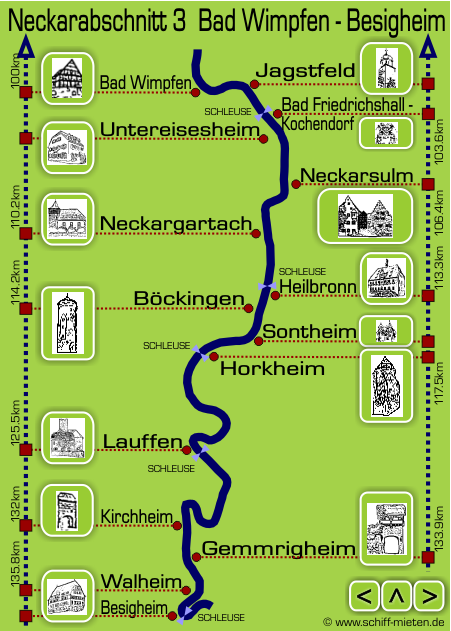Landkarte Neckar Heilbronn Bad Wimpfen Neckarsulm Lauffen Besigheim Jagstfeld Kirchheim Friedrichshall-Kochendorf 