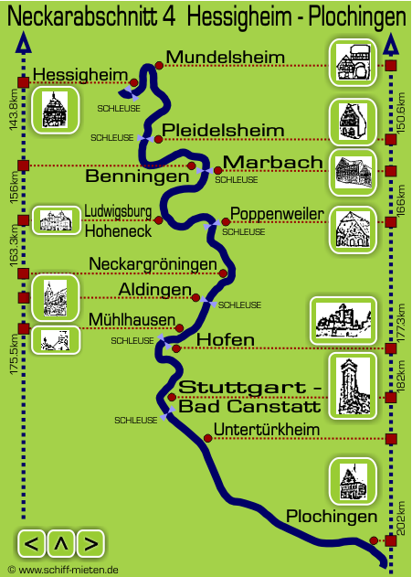 Landkarte Neckar Stuttgart Bad Cannstatt Marbach Ludwigsburg Hessigheim Mundelsheim Mühlhausen Plochingen