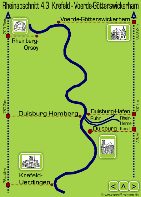 Landkarte Rhein Niederrhein Duisburg Ruhrort Krefeld-Uerdingen Voerde-Götterswickerhamm Rheinberg-Orsoy
