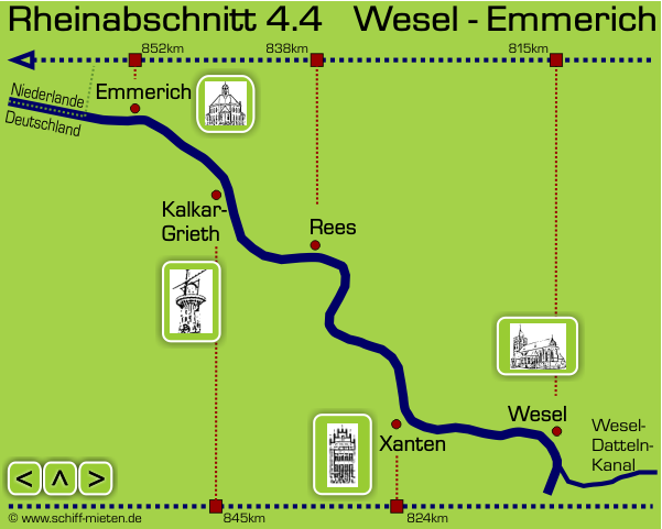 Landkarte Rhein Niederrhein Wesel Xanten Rees Kalkar-Grieth Emmerich Lobith