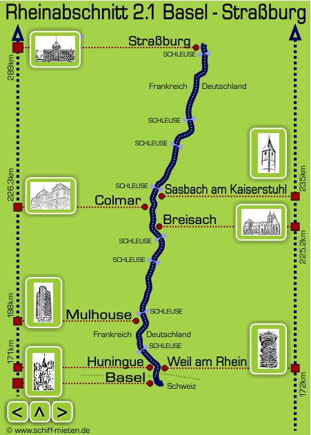 Rheinlauf Landkarte Basel Straßburg Sasbach Kaiserstuhl Breisach Huningue Weil am Rhein Village-Neuf Kembs Mulhouse Colmar 